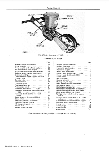 JOHN DEERE 44 UNIT PLANTER PC1002 - PARTS CATALOG MANUAL