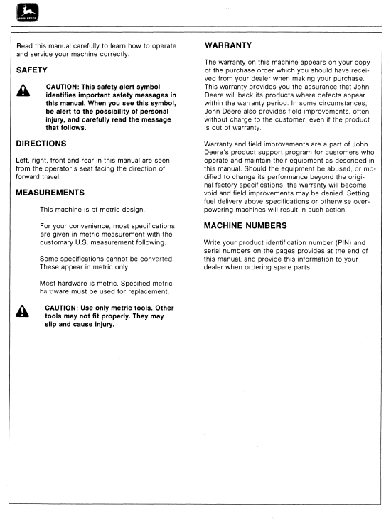 JOHN DEERE 4475, 5575 (SERIES) Construction Skid Steers OPERATOR MANUAL - OMM123744