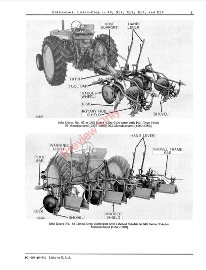 JOHN DEERE 80, DL2, RL2, RL4, RL6, RL630 LISTED CROP CULTIVATOR PC498 - PARTS CATALOG MANUAL