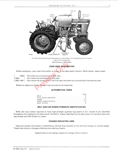 JOHN DEERE 51A DRY FERTILIZER SIDE DRESSER PC899 - PARTS CATALOG MANUAL