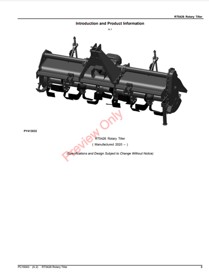 JOHN DEERE RT5426 ROTARY TILLER PC16043 - PARTS CATALOG MANUAL