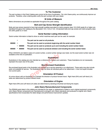 JOHN DEERE CHISEL PLOW 500 PC3117 - PARTS CATALOG MANUAL