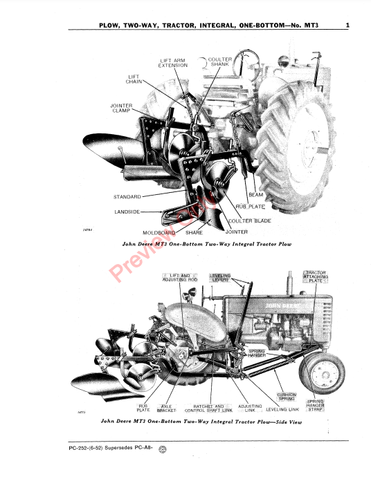 JOHN DEERE NO.MT3 TWO-WAY INTEGRAL TRACTOR PLOW-ONE BOTTOM PC252 - PARTS CATALOG MANUAL