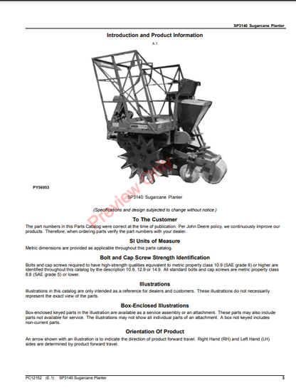 JOHN DEERE SP3140 SUGARCANE PLANTER PC12152 - PARTS CATALOG MANUAL