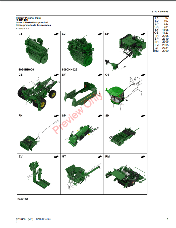 JOHN DEERE S770 COMBINE PC13459 - PARTS CATALOG MANUAL