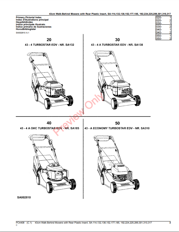 JOHN DEERE 43CM WALK-BEHIND MOWER 4-CYCLE ENGINE WITH REAR PLASTIC INSERT, SA-114, SA132, SA138, SA152, SA177, S PC4408 - PARTS CATALOG MANUAL