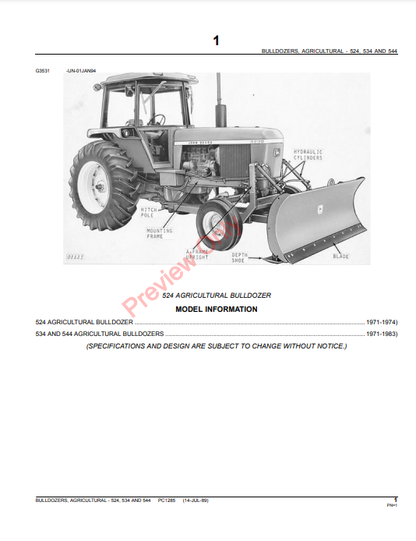 JOHN DEERE 524, 534, 544 AGRICULTURAL BULLDOZERS PC1285 - PARTS CATALOG MANUAL