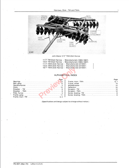 JOHN DEERE TW,TWA DISK HARROWS PC937 - PARTS CATALOG MANUAL