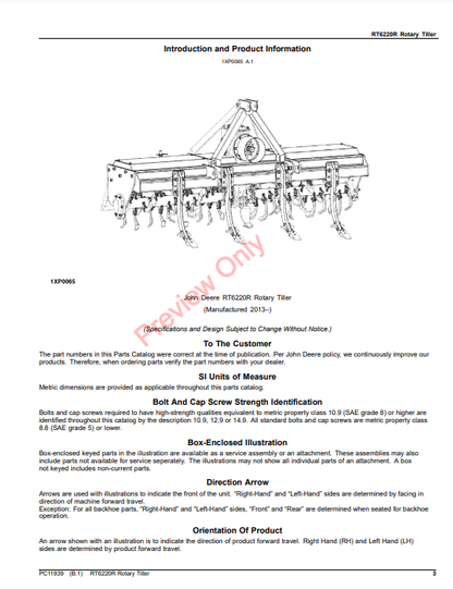 JOHN DEERE RT6220R ROTARY TILLER PC11939 - PARTS CATALOG MANUAL