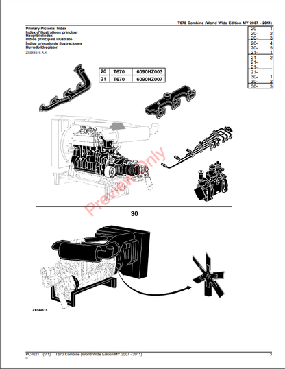 JOHN DEERE T670 COMBINE PC4621 - PARTS CATALOG MANUAL