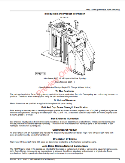 JOHN DEERE PRO 12 VRS (VARIABLE ROW SPACING) PC9382 - PARTS CATALOG MANUAL