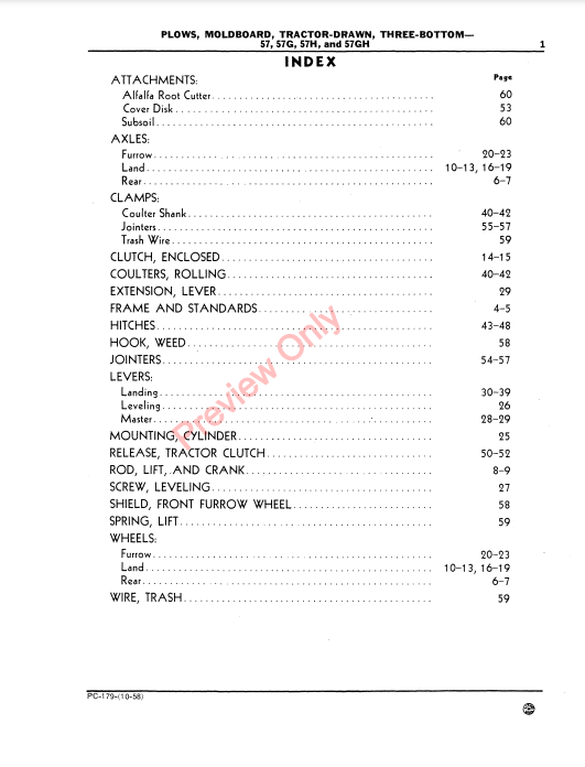 JOHN DEERE THREE-BOTTOM MOLDBOARD TRACTOR-DRAWN PLOWS 57, 57G, 57H, 57GH PC179 - PARTS CATALOG MANUAL