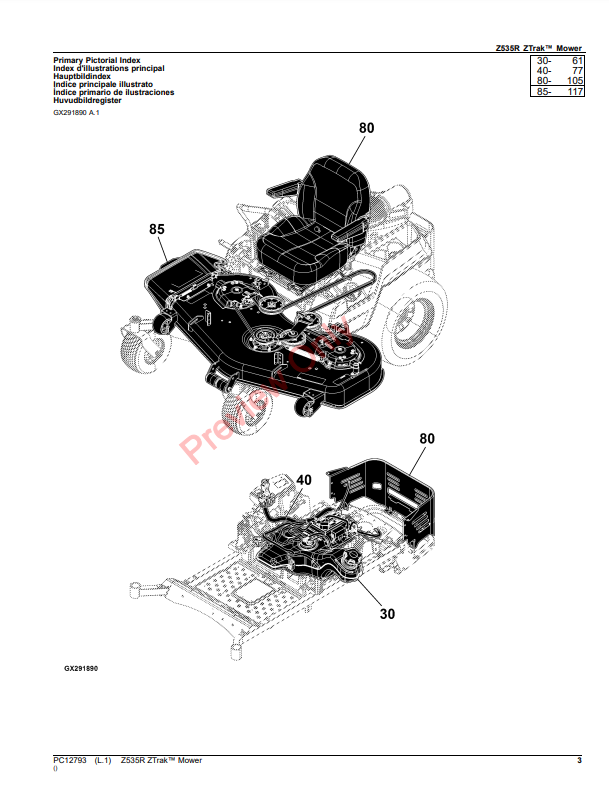 JOHN DEERE Z535R ZTRAK MOWER PC12793 - PARTS CATALOG MANUAL