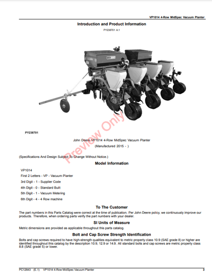 JOHN DEERE VP1014 4-ROW MIDSPEC VACUUM PLANTE PC12643 - PARTS CATALOG MANUAL