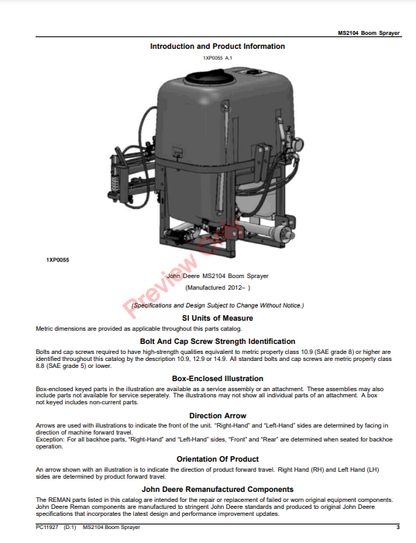 JOHN DEERE MS2104 BOOM SPRAYER PC11927 - PARTS CATALOG MANUAL