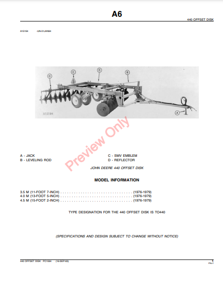 JOHN DEERE 440 OFFSET DISK PC1594 - PARTS CATALOG MANUAL