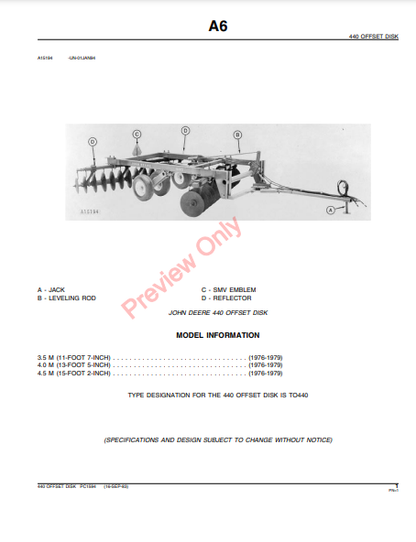 JOHN DEERE 440 OFFSET DISK PC1594 - PARTS CATALOG MANUAL