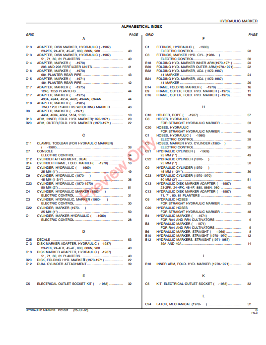 JOHN DEERE HYDRAULIC MARKER PC1062 - PARTS CATALOG MANUAL