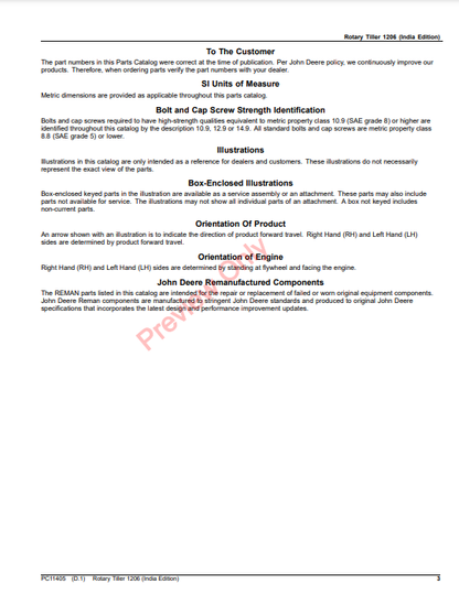 JOHN DEERE ROTARY TILLER 1206 (INDIA EDITION) PC11405 - PARTS CATALOG MANUAL