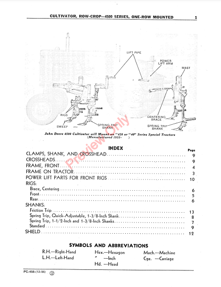 JOHN DEERE 4500 SERIES ROW-CROP CULTIVATOR PC458 - PARTS CATALOG MANUAL