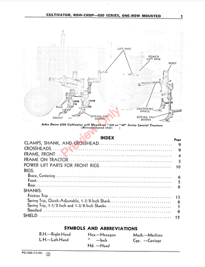 JOHN DEERE 4500 SERIES ROW-CROP CULTIVATOR PC458 - PARTS CATALOG MANUAL