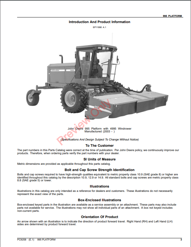 JOHN DEERE 995 PLATFROM PC9258 - PARTS CATALOG MANUAL