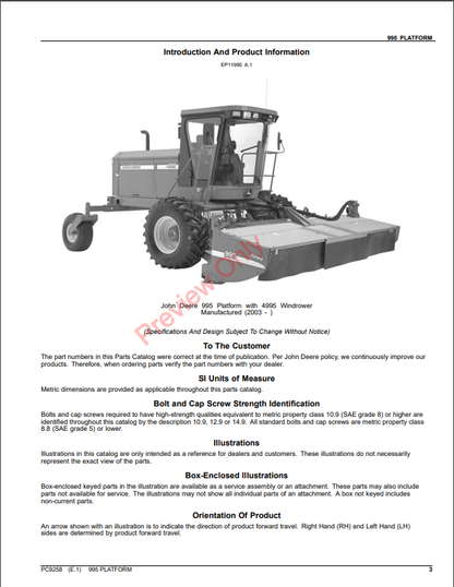 JOHN DEERE 995 PLATFROM PC9258 - PARTS CATALOG MANUAL