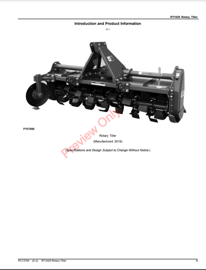 JOHN DEERE RT1029 ROTARY TILLER PC13755 - PARTS CATALOG MANUAL