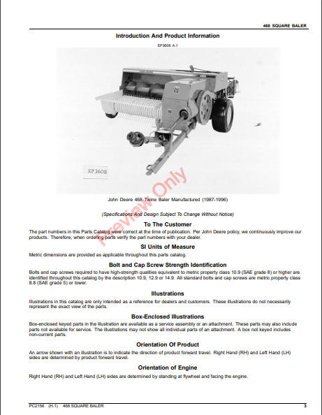 JOHN DEERE 468 BALER PC2156 - PARTS CATALOG MANUAL