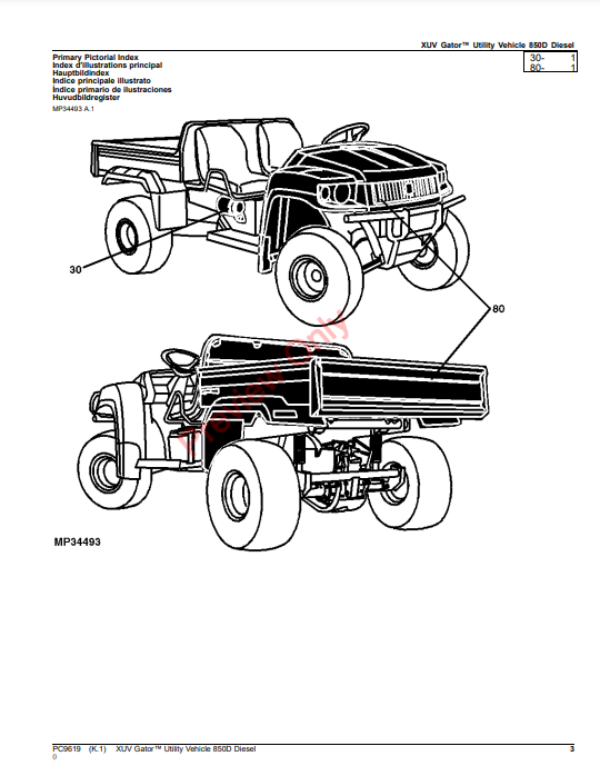 JOHN DEERE XUV GATOR UTILITY VEHICLE 850D DIESEL PC9619 - PARTS CATALOG MANUAL