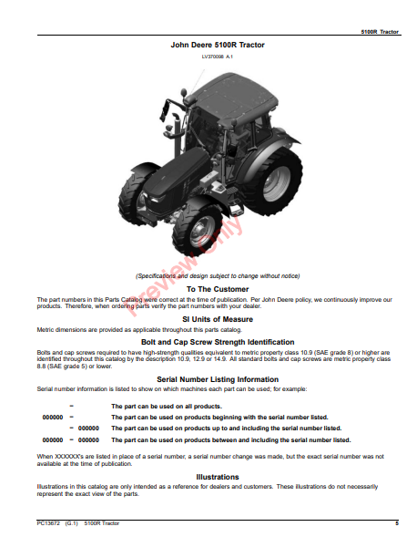 JOHN DEERE 5100R TRACTOR PC13672 - PARTS CATALOG MANUAL