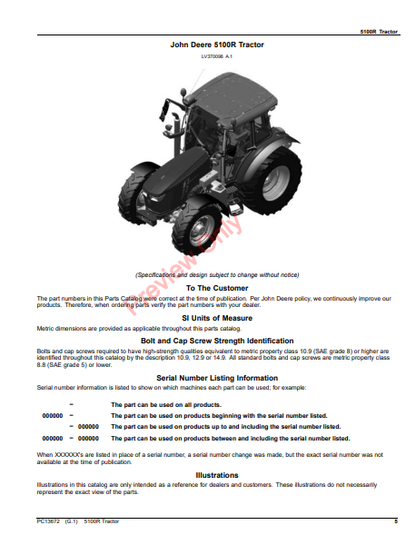 JOHN DEERE 5100R TRACTOR PC13672 - PARTS CATALOG MANUAL