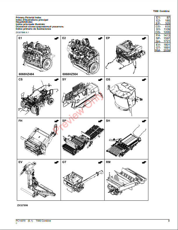 JOHN DEERE T550 COMBINE PC14370 - PARTS CATALOG MANUAL