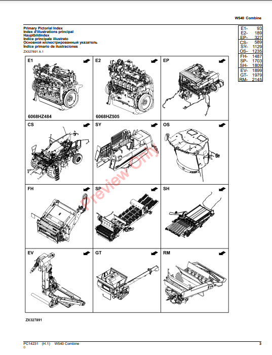 JOHN DEERE W540 COMBINE PC14231 - PARTS CATALOG MANUAL