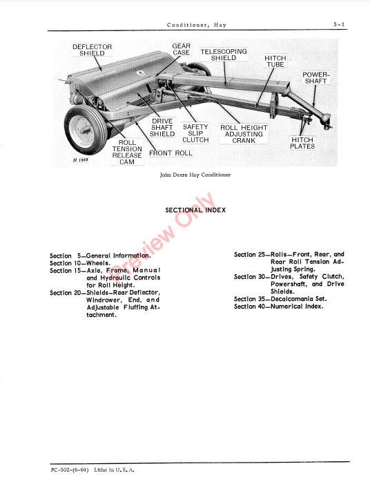 JOHN DEERE HAY MOWER CONDITIONER PC502 - PARTS CATALOG MANUAL