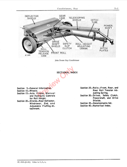 JOHN DEERE HAY MOWER CONDITIONER PC502 - PARTS CATALOG MANUAL