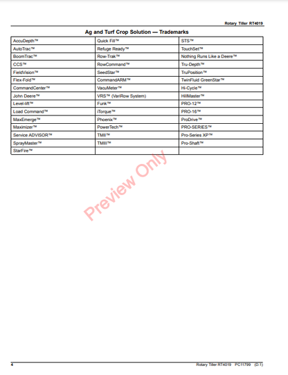 JOHN DEERE ROTARY TILLER RT4019 PC11799 - PARTS CATALOG MANUAL