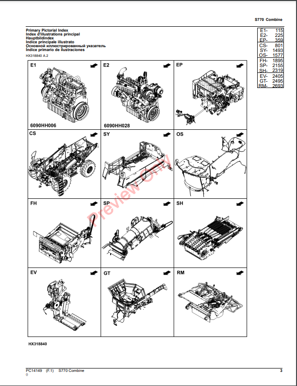 JOHN DEERE S770 COMBINE PC14149 - PARTS CATALOG MANUAL