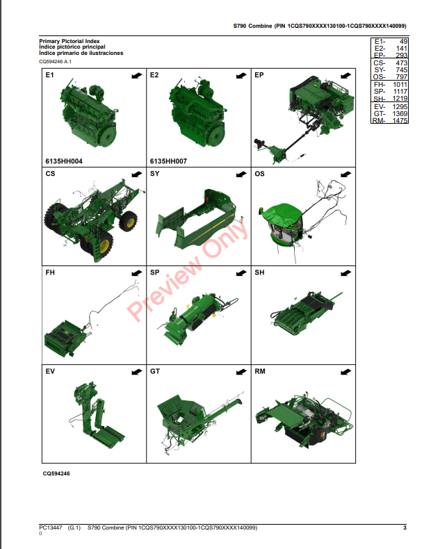 JOHN DEERE S790 COMBINE PC13447 - PARTS CATALOG MANUAL