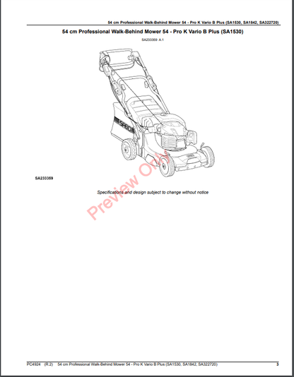 JOHN DEERE 54 CM PROFESSIONAL WALK-BEHIND MOWER 52-PRO K VARIO B PLUS (SA1530, SA1842, SA322720) PC4924 - PARTS CATALOG MANUAL