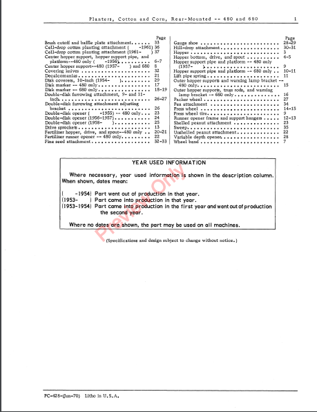 JOHN DEERE 480,680 COTTON & CORN PLANTER PC428 - PARTS CATALOG MANUAL