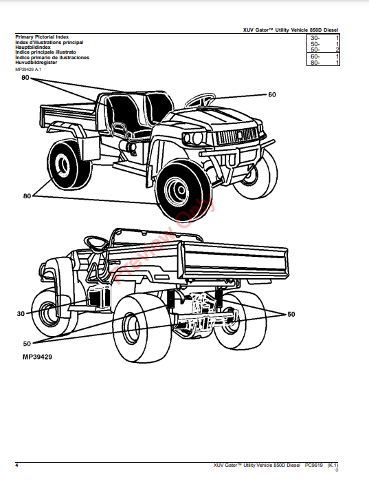 JOHN DEERE XUV GATOR UTILITY VEHICLE 850D DIESEL PC9619 - PARTS CATALOG MANUAL