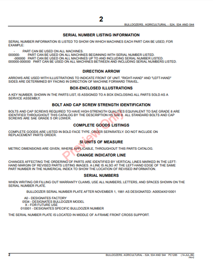 JOHN DEERE 524, 534, 544 AGRICULTURAL BULLDOZERS PC1285 - PARTS CATALOG MANUAL