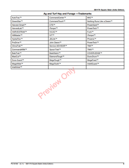 JOHN DEERE SB1179 SQUARE BALER (INDIA EDITION) PC16165 - PARTS CATALOG MANUAL