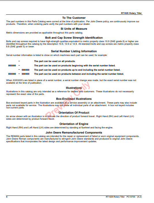 JOHN DEERE RT1029 ROTARY TILLER PC13755 - PARTS CATALOG MANUAL