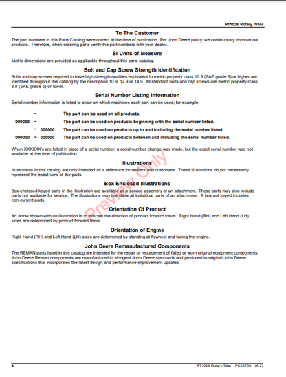 JOHN DEERE RT1029 ROTARY TILLER PC13755 - PARTS CATALOG MANUAL