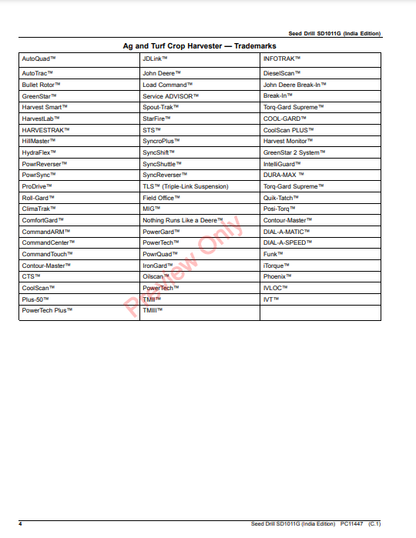 JOHN DEERE SEED DRILL SD1011G (INDIA EDITION) PC11447 - PARTS CATALOG MANUAL