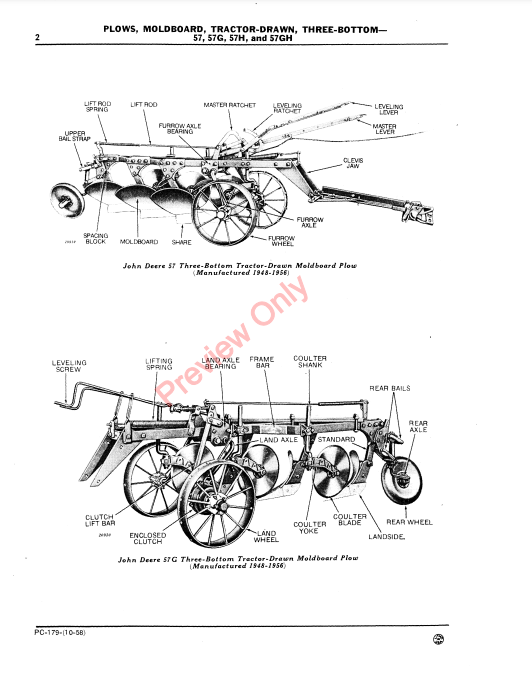 JOHN DEERE THREE-BOTTOM MOLDBOARD TRACTOR-DRAWN PLOWS 57, 57G, 57H, 57GH PC179 - PARTS CATALOG MANUAL