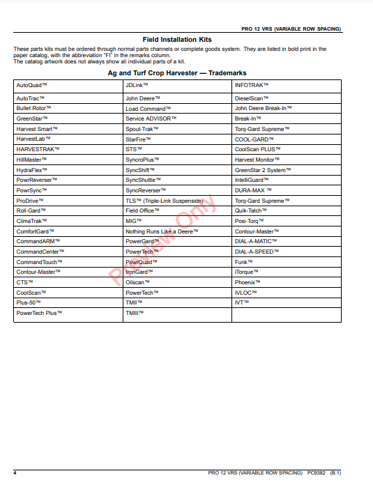 JOHN DEERE PRO 12 VRS (VARIABLE ROW SPACING) PC9382 - PARTS CATALOG MANUAL