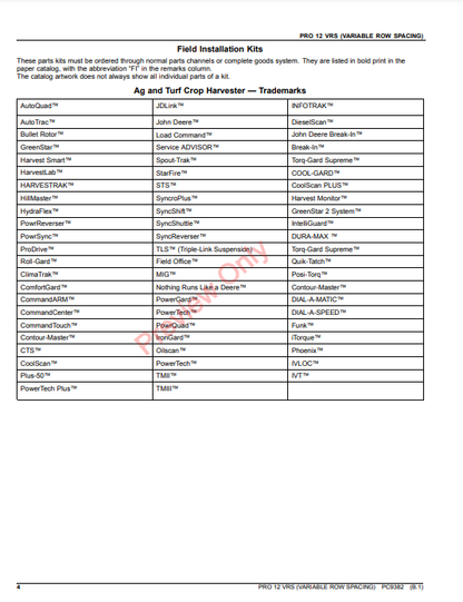 JOHN DEERE PRO 12 VRS (VARIABLE ROW SPACING) PC9382 - PARTS CATALOG MANUAL